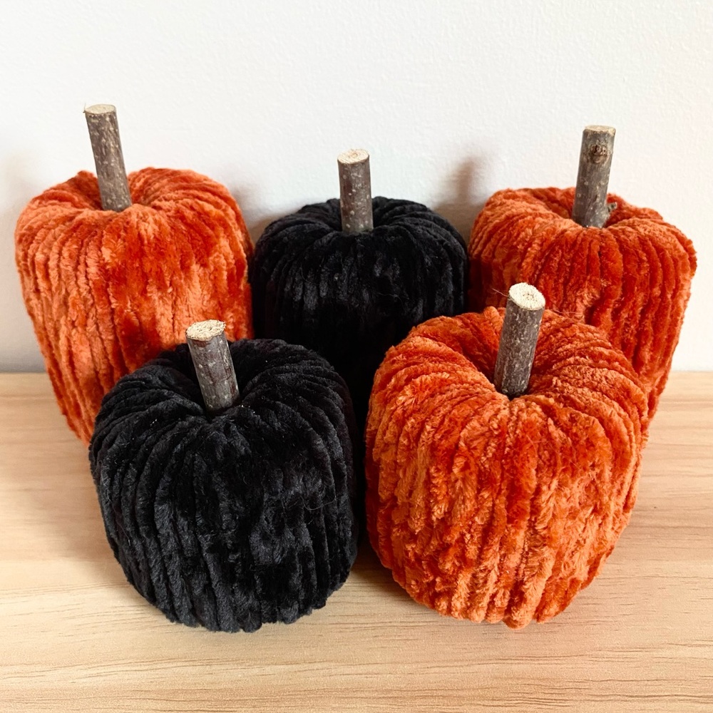 Orange & Black Velvet Pumpkins Decor Set of 5